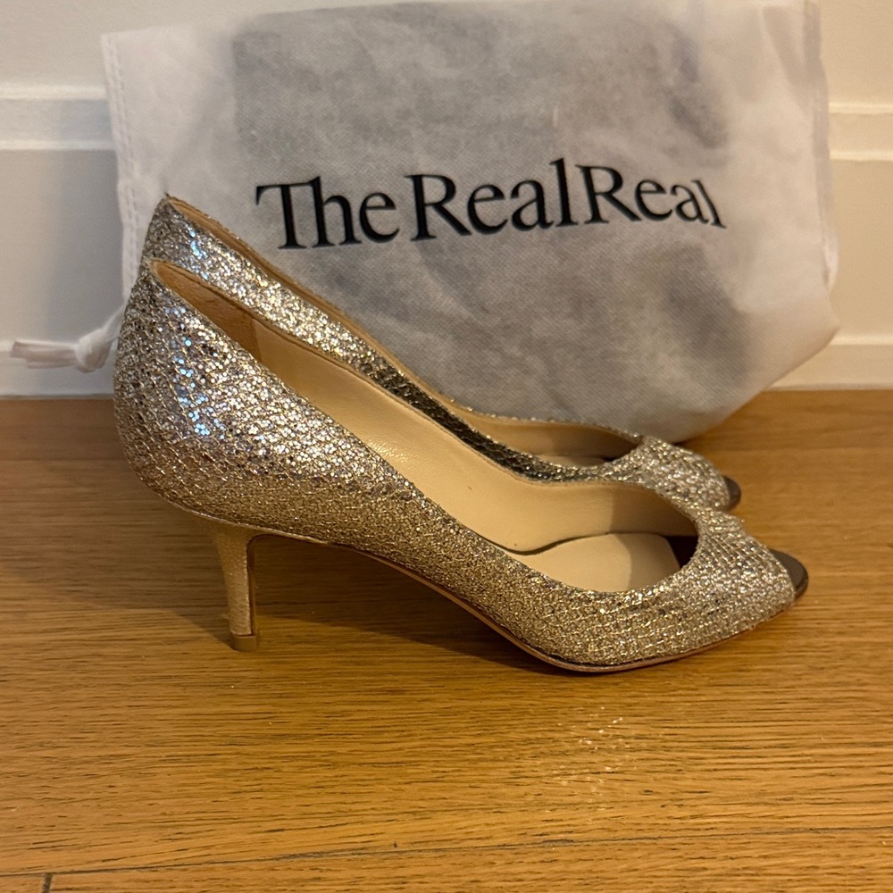 Jimmy Choo Sparkling Silver Peep-Toe Heels